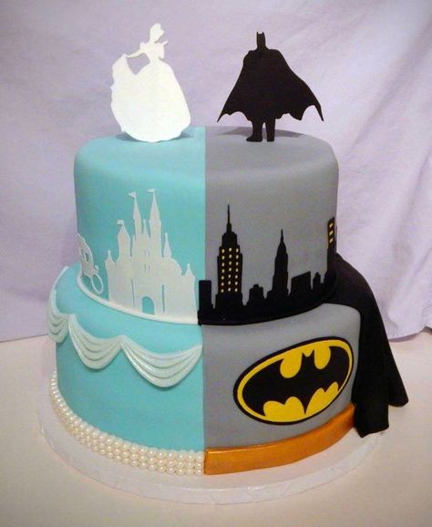 Batman / Cinderella Cake For Twins Bottom tier is supposed to mimic their outfits. Middle tier is landscape/scene. Top is character. Birthday Cake For Boy And Girl Together, 2 In 1 Cake For Boy And Girl, Half Boy Half Girl Cake, Double Birthday Cake Boy And Girl, Twin Cakes Ideas Boy And Girl, Cake For Twins Boy And Girl, Birthday Cake For Twins Boy And Girl, Twins Cake Ideas, Twin Cake Ideas