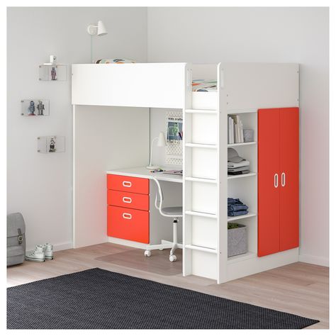 STUVA / FRITIDS Loft bed with 3 drawers/2 doors - white, red - IKEA Stuva Loft Bed, Girls Loft Bed, Ikea Stuva, Design Ložnic, Loft Bed Frame, Bed With Desk, Loft Beds, Bedrooms Ideas, Dekorasi Kamar Tidur