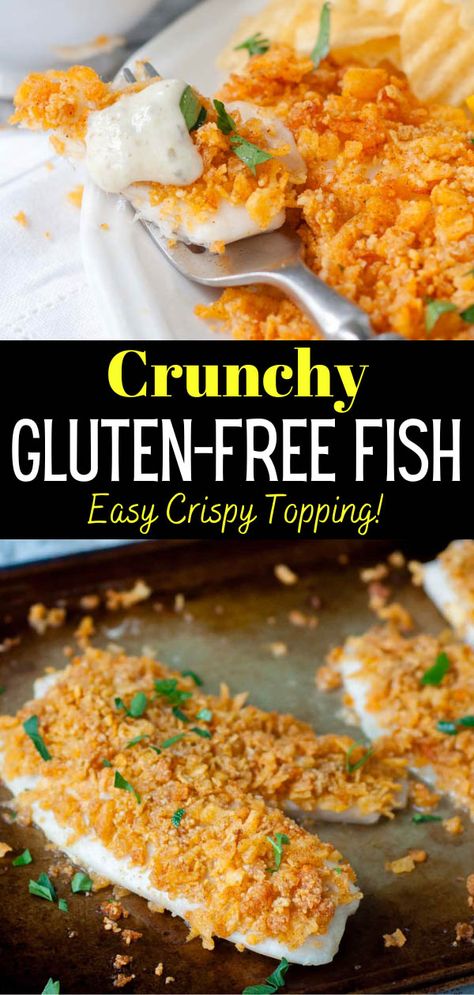 If you are looking for easy gluten-free dinner ideas, this golden, crunchy gluten-free fish is on the table in only 30 minutes! Flaky white fish is topped with a crispy topping without using breadcrumbs! What's the secret? Use affordable, naturally GF ingredients to create a golden baked crust - crushed potato chips and Chex cereal mixed with melted butter and parmesan! Seafood Recipes Gluten Free, Gluten Free Fish Recipes For Dinner, Gluten Free Fried Fish, Gluten Free Fish Batter, Gluten Free Fish Sticks, Gluten Free Potato Chips, Gluten Free Fish And Chips, Mamagourmand Recipes, Gluten Free Fish Recipes