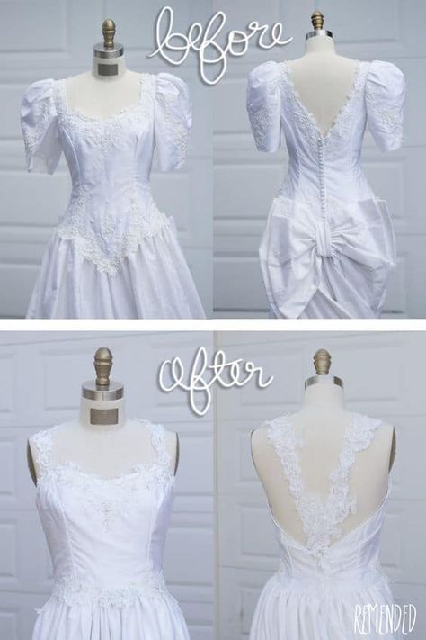 6 Ways to Transform Your Thrifted Wedding Dress Thrifted Wedding Dress, Thread A Sewing Machine, 80s Wedding Dress, Upcycled Wedding Dress, Thrifted Wedding, Thrift Store Diy Clothes, 90s Wedding Dress, Thrifty Wedding, Dress Makeover