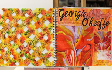 Georgia O Keefe Artist Research Page, Georgia Okeefe Gcse Sketchbook, Georgia Okeefe Artist Research Page, Gcse Sketchbook Pages, Georgia Okeefe Paintings, Botanical Textiles, Gcse Artist Research, A Level Art Sketchbook Layout, Art Sketchbook Layout