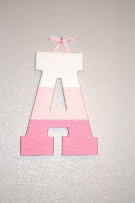 Letter Room Decor Diy, Letters Decoration Ideas, Wooden Decoration Ideas, Nursery Letters Girl, Diy Yarn Holder, Nursery Door Hanger, Dorm Room Decor Diy, Yarn Wrapped Letters, Baby Door Hanger