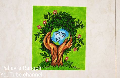 Environment Day Rangoli Rangoli Design For School Competition, Rangoli Ideas For School Competition, Message Rangoli For Competition, Save Environment Rangoli, Poster Rangoli Nature, Rangoli Drawing, Farewell Party Decorations, School Chalkboard Art, Water Video