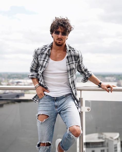 Rowan Row on Instagram: “Denim & messy hair vibEz ~ #ootd” Italian Summer Outfits Men, Rowan Row, Checked Shirt Outfit, Summer Fits Men, Men's Summer Outfit, Italian Summer Outfits, Tiktok Outfits, Check Shirts, Fits Men