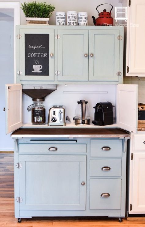 This is how I turned this old, beat-up Hoosier Cabinet into a Coffee Bar for my kitchen. I always wanted to have a coffee bar in my kitchen. This old, beat-up Hoosier Cabinet I found on Craigslist had the perfect dimensions for my space so I decided to buy it. It had been painted and stripped a million times and the wood was in horrible shape inside and out so I had to use a lot of wood filler to fix all holes and scratches. I also . scrubbed it with soapy water to remove years of… Bar Furniture For Sale, Diy Coffee Station, Coffee Cabinet, Coffee Station Kitchen, Hoosier Cabinets, Old Fashioned Kitchen, Coin Café, Diy Coffee Bar, Hoosier Cabinet