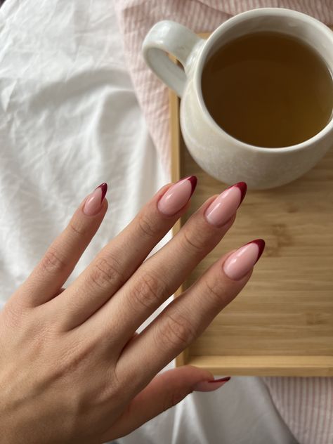 #frenchnails #rednails #redfrench #redfrenchnails #fallnails Red French Glazed Nails, Raspberry French Tip Nails, Red V French Tip Nails, French Nails Winter, Dark Red French Tip, French Red Nails, French Tip Nails Red, Dark Red French Tip Nails, Red Nails French