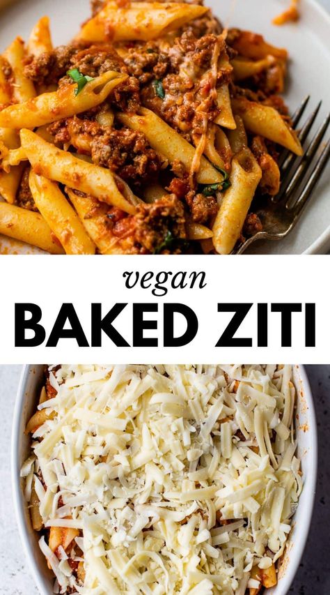 Vegan Baked Ziti is an easy weeknight meal. Ziti pasta mixes with plant-based beef, vegan cheese and marinara sauce to create a flavorful dish that's ready in under 45 minutes! Vegan Ziti, Vegan Baked Ziti, Vegan Eggplant Parmesan, Cheese Pasta Bake, Vegan Cashew Cheese, Vegan Ground Beef, Ziti Pasta, Roasted Red Pepper Pasta, Vegan Pasta Dish