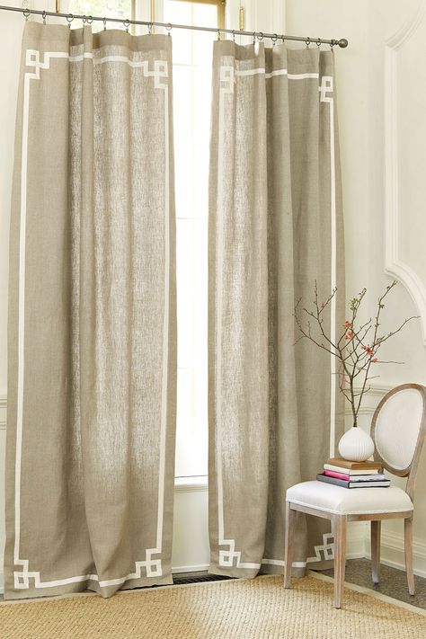 Suzanne Kasler's tape trim drapery panels Suzanne Kasler, Drop Cloth Curtains, Grey Curtains, Elegant Drapes, Luxury Rooms, Drapery Panels, Diy Curtains, Ballard Designs, Greek Key