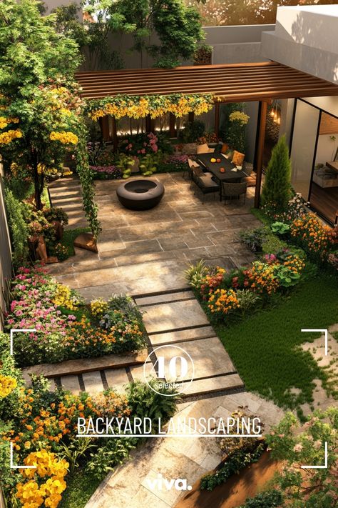 ♥ Are you dreaming of a stunning backyard oasis but don't know where to start? Explore this backyard landscaping design featuring front yard landscaping elements, backyard patio designs, raised garden beds, and flower bed designs. Get inspired with modern backyard landscaping ideas now! 🌿🌸🏡 #BackyardLandscaping #FrontYard #GardenDesign #BackyardIdeas #OutdoorLiving 5 Acre Landscaping Ideas, Uneven Backyard Ideas, Garden Oasis Backyard, Front Lawn Landscape Ideas, Landscaping Elements, Amazing Backyards, Landscaping Around Patio, Small Backyard Garden, Decorative Trellis