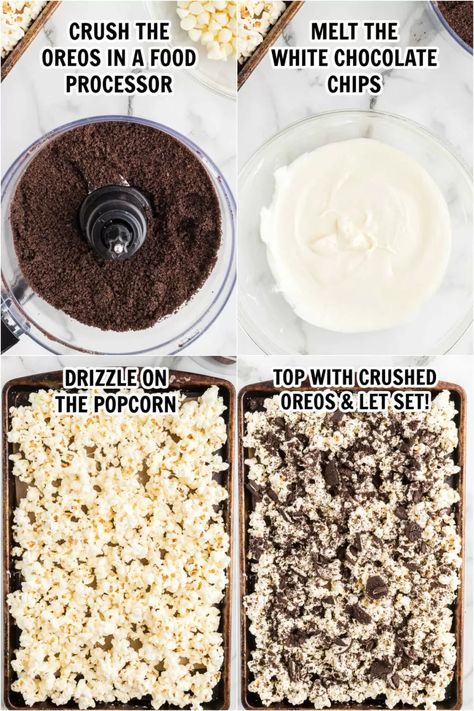 Oreo Popcorn Recipe, Cookies And Cream Popcorn, Candied Popcorn Recipe, Loaded Popcorn, Popcorn Dessert Recipes, Fun Popcorn Recipes, Movie Night Appetizers, Black And White Popcorn, Popcorn Bar Recipes