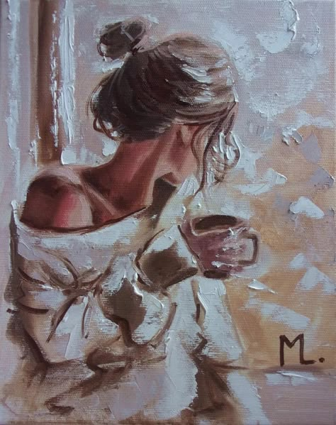 Monika Luniak Paintings, Monika Luniak, Painting Of A Woman, Coffee Painting, Figurative Artwork, Original Oil, Female Art, Morning Coffee, Oil On Canvas