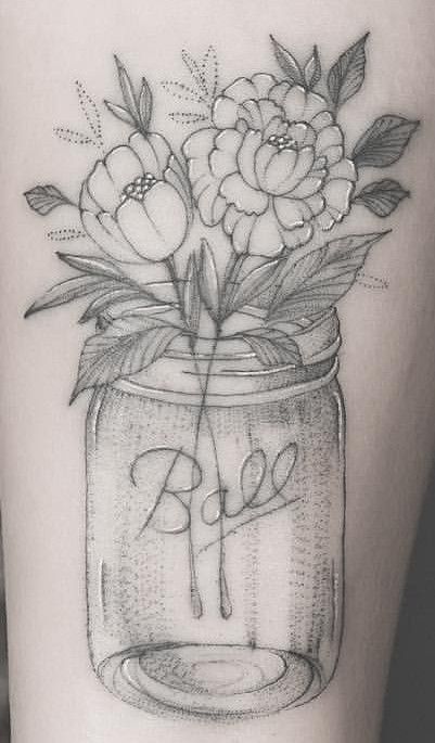 Ball Jar Tattoo, Jar Of Flowers Tattoo, Moonshine Tattoo Ideas, Mason Jar Flower Tattoo, Mason Jar Tattoos For Women, Mason Jar Tattoo Flowers, Sunflower Mason Jar Tattoo, Flowers In Mason Jar Tattoo, Mason Jar With Flowers Tattoo