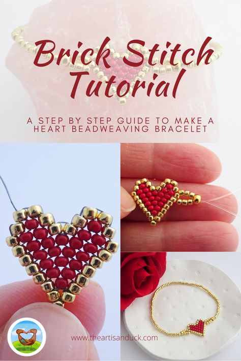 Brick Stitch Heart, Heart Bracelet Tutorial, Brick Stitch Tutorial, Bead Weaving Tutorials, Beaded Earrings Diy, Diy Jewelry Inspiration, Beaded Bracelets Tutorial, Seed Bead Tutorial, Beaded Bracelet Patterns