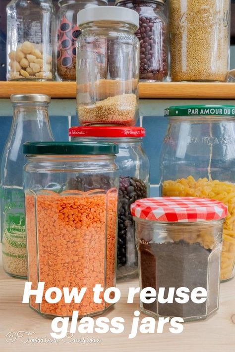 Learn how to reuse glass jars Reuse Jars Ideas, Pasta Jars Reuse, Recycled Jars Ideas, Old Jars Ideas Reuse, Recycle Glass Jars, Reusing Glass Jars, Reuse Glass Jars, Repurposed Containers, Small Jam Jars