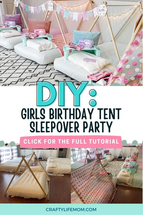 Girls tent sleepover birthday - Crafty Life Mom Indoor Tent Party Sleepover, Glamping Bday Party Ideas, Tent Sleepover Party, Sleepover Set Up Ideas, Sleepover Plans, Tent Sleepover, Birthday Tent, Girls Tent, Addison Grace