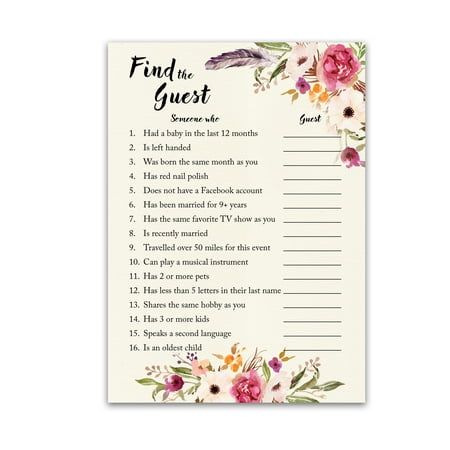 A unique fun icebreaker party game! Perfect for any party especially Baby Showers, Gender Reveal parties, and Sip n See. Bohemian theme highlighted with rustic watercolor floral boho design paired with a brush font. Ideal for a Boho Chic Girl Baby Shower! Size: 5" x 7".  Color: Multicolor. Victorian Baby Shower, Fairytale Baby Shower, Find The Guest, Baby Shower Party Games, Bohemian Baby Shower, Wildflower Baby Shower, Bohemian Baby, Christmas Baby Shower