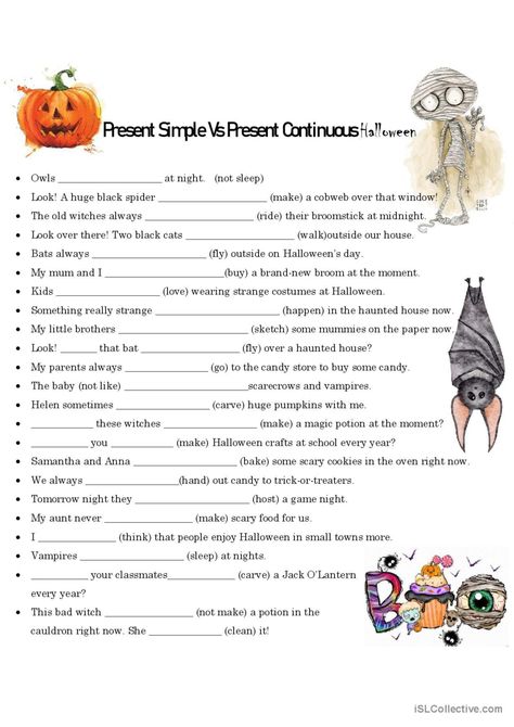 Halloween Sentences Simple Present v…: English ESL worksheets pdf & doc Halloween Esl Activities, Halloween English Worksheets, Halloween English Activities, Halloween Grammar Activities, Halloween Esl, Halloween Sentences, Halloween Elementary, 12 Tenses, Halloween Worksheet