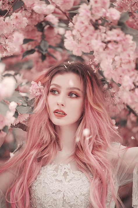 Pink Hair, Cherry Blossom, A Woman, Blossom, Cherry, Flowers, Hair, Pink, White