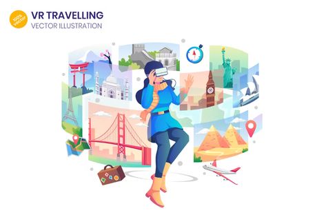 VR Travelling Flat Illustration - Agnytemp by GranzCreative on Envato Elements Traveling Around The World, Illustration Business, Travel Infographic, Create Icon, Vr Glasses, Virtual Travel, Flat Vector Illustration, Person Cartoon, Travel Illustration