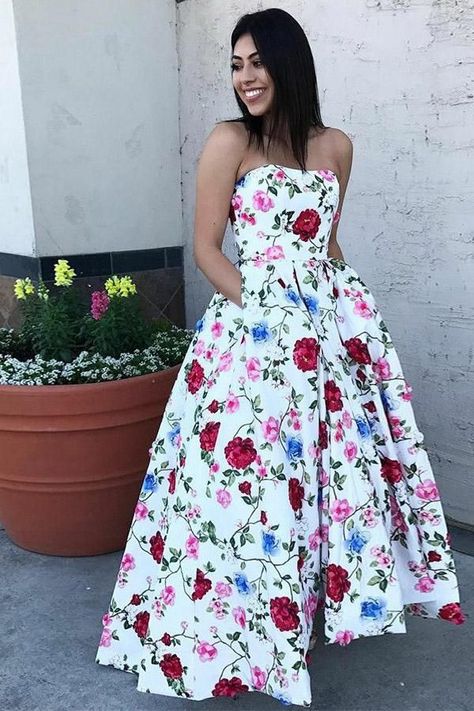 be53ee61104935234b174e62a07e53cfdesc41599983ri Prom Dress With Pockets, Floral Print Prom Dress, Printed Prom Dresses, White Prom, Formal Ball Gown, Floral Party Dress, High Low Prom Dresses, Dresses With Pockets, Senior Prom Dresses