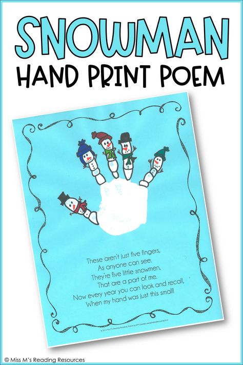 The Snowman Handprint Art is a single-page PDF project for a student's handprint. Print on light-colored paper (necessary in order to see the white paint), paint students' hands with white tempera paint, and have them stamp their handprint in the middle of the blank space. Once dry, have students draw snowmen on their fingers (fine point sharpies work best). #MissMsReadingResources #Snowman #Art #HolidayArt #Handprint #Kindergarten Snowman Handprint Card, Snowman Handprint Craft, Holiday Crafts Kindergarten, Hand Print Snowman, Snowman Handprint, Handprint Snowman, Snowman Quotes, Crafts Kindergarten, Hand Print Art