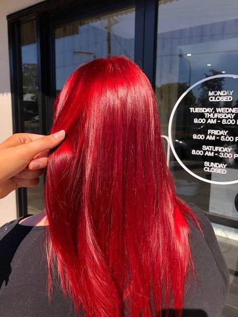 Bright Red Hair Dye Ideas, Bold Red Hair Color, Bright Red Hair With Black Highlights, Ariel Red Hair Color, Red Extensions Hair, Red Bright Hair, Bright Red Hair Aesthetic, Red Fire Hair, Bright Red Hair Ideas