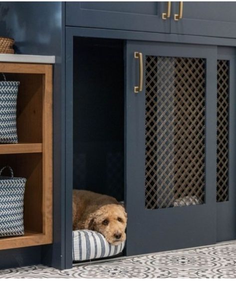 Built In Cabinet Dog Kennel, Dog Kennel In Kitchen Island, Mud Room Dog Crate, Built In With Dog Crate, Built In Pet Kennel, Dog Crate Cupboard, Integrated Dog Crate, Mudroom With Dog Crate, Built In Large Dog Crate