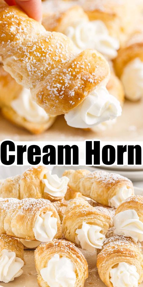 Cream Horn Puff Pastry Cream Horns, Puff Pastry Cream, Cream Puffs Recipe Easy, Whipped Cream Filling, Homemade Puff Pastry, Cream Filling Recipe, Cream Filled Donuts, Cream Horn Molds, Puff Dessert