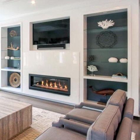 Teal Home Design Ideas Built In Bookcase With Glass Shelves In Family Room Interior Bookshelf, Wall Units With Fireplace, Bookshelf Closet, Bookshelf Designs, Built In Bookcases, Built In Around Fireplace, Glass Shelves Decor, Media Walls, Bookcase Ideas