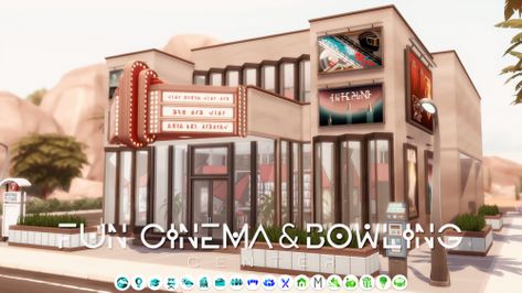 scarlett - fun cinema & bowling center 30x20 228 450$ no cc... Bowling Center, Theatre Building, The Sims 4 Lots, Cinema Theatre, Tumblr Sims 4, Sims 4 House Design, Sims Building, Casas The Sims 4, Sims House Plans