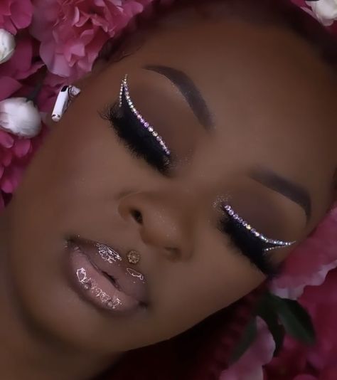 Bling Makeup Looks Black Women, Graduation Makeup With Rhinestones, Rhinestone Makeup Prom, Prom Glam Makeup Silver, Prom Makeup Black Women Silver, Rhinestone Eye Makeup Black Women, Silver Prom Makeup Looks, Soft Glam With Rhinestones, Rhinestone Makeup Looks Black Women