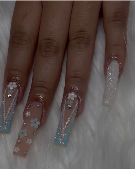 Sky Blue Quince Nails, Dusty Blue Prom Nails, Baby Blue Quince Makeup, Baby Blue Quince Nails, Baby Blue Prom Nails, Light Blue Quince Nails, Cinderella Blue Nails, Blue Quince Nails, Nails Acrylic Blue