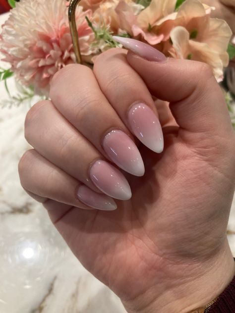 Almond shaped acrylic nails. Pink to white ombré acrylic nails perfect for spring. Nails Gradient Ombre, Pink And White Ombre Almond Shaped Nails, Pink And White Gradient Nails, Pink And White Ombre Nails Almond, French Fade Nails Almond, French Fade Nails, Short Almond Shaped Nails, Biab Nails, French Fade