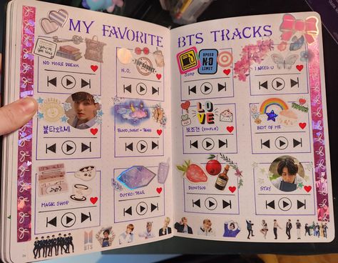 Dotted journal double-page spread with sparkling washi tape, titled "My Favorite BTS Tracks". Each page has 6 boxes drawn to look like a Spotify track with themed stickers for each song. Favorite Songs Journal Page, Songs Journal, Scrap Journal, Bts Songs, Journal Page, Favorite Song, Magic Shop, Journal Pages, Inner Peace