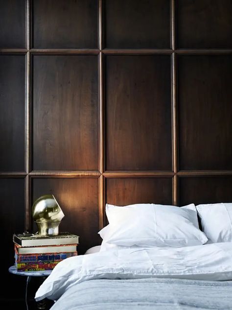 Dark Wood Bedroom, White Wood Paneling, New Bedroom Design, Timber Panelling, Dark Interiors, Wall Molding, Wood Bedroom, Wood Panel Walls, Simple Bedroom