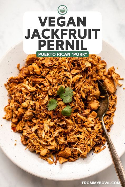 This Vegan Jackfruit “Pernil” is a take on the traditionally meat-centric Puerto Rican dish. Using jackfruit as “pulled pork,” this recipe tastes just like the real thing! Vegan Spanish Recipes, Pernil Recipe, Vegan Jackfruit, Vegan Pulled Pork, Jackfruit Recipes, Easy Vegan Dinner, Caribbean Recipes, Vegan Cooking, Vegan Foods