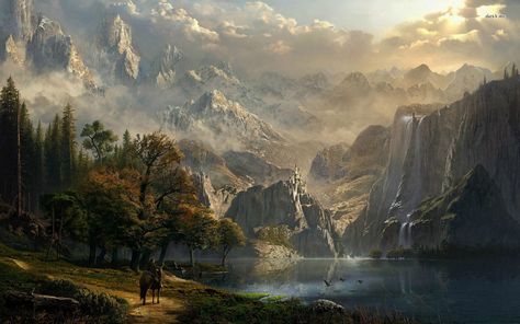 Riding to the castle on the mountain Skyrim Landscape, Medieval Music, Fantasy Wallpaper, Albert Bierstadt, Celtic Music, Fantasy Background, Fantasy Castle, Fantasy Setting, Fantasy Places