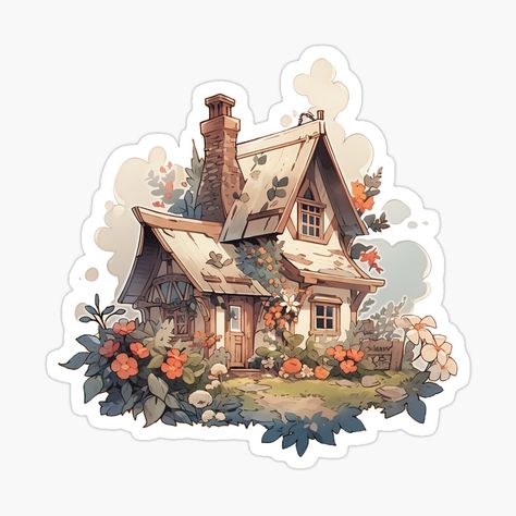 Cottage With Flowers, Cottage Illustration, Enchanted Cottage, Cottagecore Art, The Aurora Borealis, Cute Cottage, House Illustration, Cute House, The Aurora