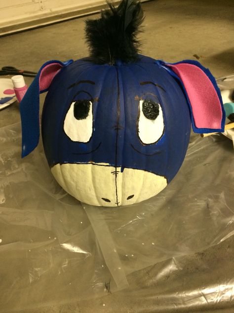 Eeyore painted pumpkin Pumpkin Painting Characters, Eeyore Pumpkin, Book Pumpkins, Book Character Pumpkins, Kitty Pumpkin, Halloween Pumpkin Crafts, Hello Kitty Pumpkin, Creative Pumpkin Decorating, Character Pumpkins