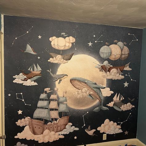 STARDUST Stars Nursery Wall Mural / Night Sky Constellations - Etsy Myanmar Space Whale Nursery, Night Time Nursery Theme, Whimsical Nursery Ideas, Celestial Nursery Theme, Whales Nursery, Themed Nursery Ideas, November Painting, Night Mural, Whale Themed Nursery