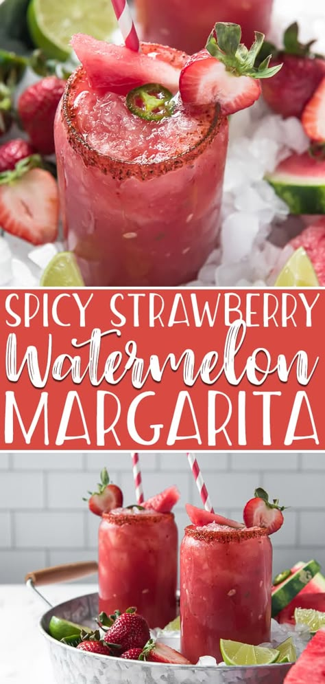 A fruity, summery twist on a classic drink, this Spicy Strawberry Watermelon Margarita kicks up the heat and flavor a notch with strawberries and jalapeno-infused tequila! #crumbykitchen #strawberry #watermelon #margarita #cocktails #cocktailrecipes #cocktaildrinks #spicy #spicyfood #jalapenos #tequila #summerrecipes Spicy Watermelon Margarita, Margarita Drinks, Spicy Watermelon, Margarita Cocktails, Infused Tequila, Margarita Ingredients, Spicy Cocktail, Watermelon Margarita, Happy Hour Cocktails