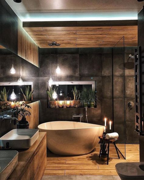 Spa In Casa, Industrial Bathroom Design, Wet Room Bathroom, Cozy Bathroom, Natural Bathroom, Wooden Bathroom, Bathroom Inspiration Decor, Bathroom Spa, Wet Rooms