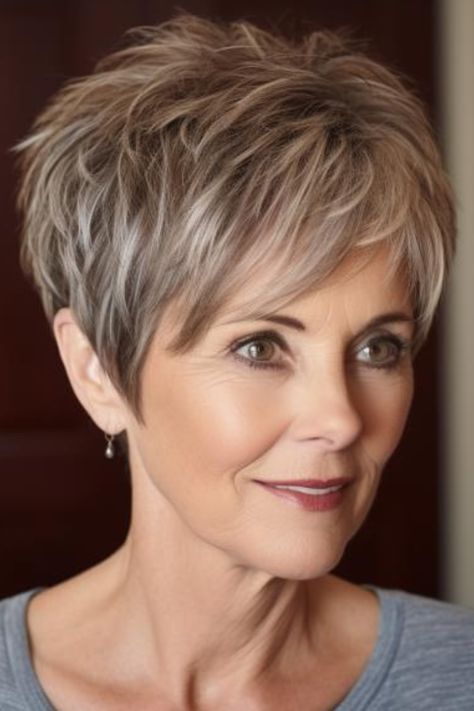 Get a young and fresh vibe with the rounded pixie and feathered layers. This particular pixie cut is perfect for fine hair as it features feathered layers that provide a voluminous look. Click here to check out more flattering short hairstyles for women over 50 with fine hair. Haircut For Super Fine Hair, Short Hair Over Ears Pixie Haircuts, Short Frosted Hair Over 50, Short Hair Longer On Top, Short Textured Haircuts For Women, Pixie Fine Hair Over 50, Short Pixie Haircuts For Fine Hair Over 50, Short Hair Styles Pixie Over 50, Short Gray Hair With Lowlights Over 50