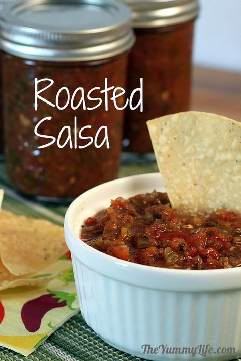 ROASTED SALSA! Recipes for small and big batches for eating now, canning, or freezing. TheYummyLife.com Roasted Salsa Recipe, Fire Roasted Salsa, Salsa Canning Recipes, Garden Salsa, Roasted Salsa, Canning Salsa, Salsa Recipes, Mid Summer, Carved Bone