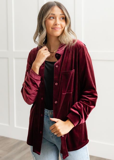 Velvet Button Down Shirt Outfit, Red Velvet Shirt Outfit, Velvet Shirt Outfit, Red Velvet Shirt, Cold Weather Layering, Velvet Shirt, Boutique Tops, Fall 2023, Velvet Fabric