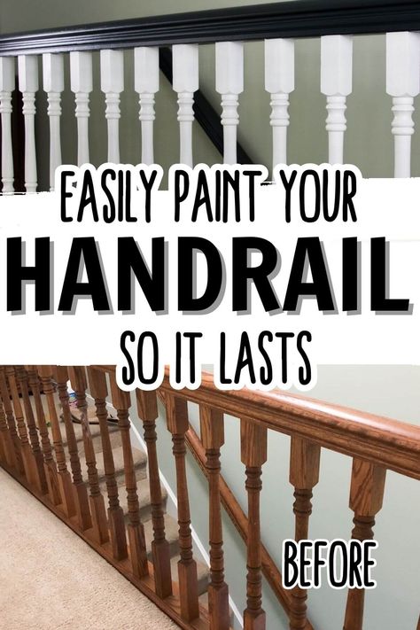 Two Tone Stair Railing, Black And White Wooden Staircase, How To Paint Railings Stairways, Painted Staircases Railing, Redo Stair Bannister, Wood Railing With Black Spindles, Black Bannister White Spindles, White And Wood Railing, Painting Stairs Black And White