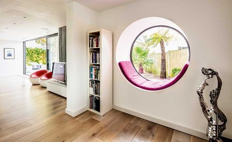 Round window seat Bedroom Window Seat Ideas, Circular Bedroom, Modern Window Seat, Cube Project, Bedroom Bench Modern, Window Seat Ideas, Cob Homes, Bedroom Window Seat, Circular Window