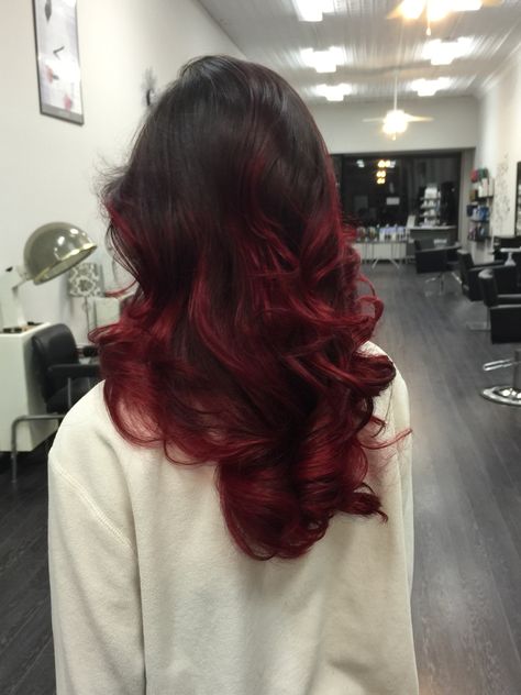 Wine Red Ombre Hair, Dark Brown Hair With Red Ends, Red Streaks In Brown Hair Curly, Red Hair Ends, Vibrant Red Highlights, Red Hair Alt, Red And Black Hair Ideas, Lizzy Hearts, Pelo Ulzzang