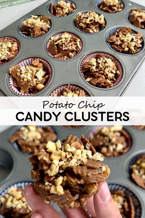 Potato chip candy clusters are sweet and salty clusters made from peanut butter and milk chocolate chips, crunchy potato chips, and peanuts! I know I��’m not the only one who likes dipping my french fries into milkshakes (or frosty’s) and this potato chip candy gives you all the same sweet and salty flavors in one little cluster! Potato Chip Dessert Recipes, Chocolate Covered Potato Chip Clusters, Potato Chip Candy Recipe, Potato Chip Chocolate Clusters, Potato Chip Bark Recipes, Chocolate Potato Chip Clusters, Unsalted Peanuts Recipes, Potato Chip Candy, Crushed Potato Chip Recipes