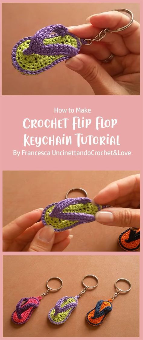 Are you looking for a little project that is fast and easy? This flip flop keychain is it! It’s basic enough to be a great first project, but interesting enough to keep you entertained with new techniques… Flip Flop Keychain Crochet Pattern, Crochet Flip Flop Keychain Free Pattern, Crochet Flip Flop Pattern, Crochet Flip Flop, Flip Flop Keychain, Crochet Teacher, Crochet Teacher Gifts, Keychain Tutorial, Crochet Flip Flops